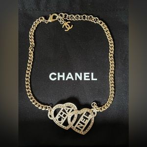 Chanel 2023 Pre-Fall Gold Double Heart Choker Necklace with Strass Crystals